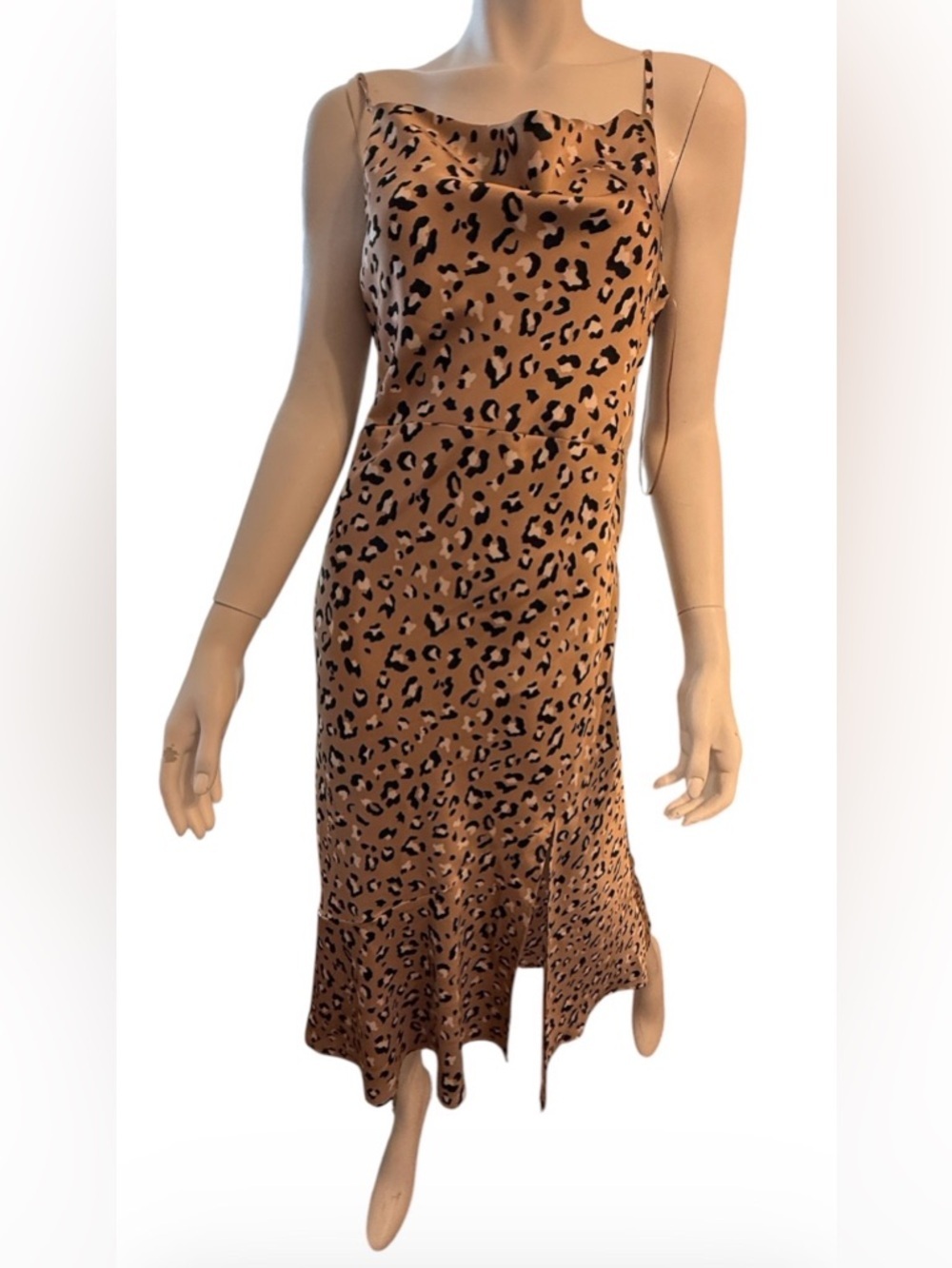 Skies Are Blue Leopard Print Slip Dress NWT Satin Cowl Neck Midi Ruffle Hem - M